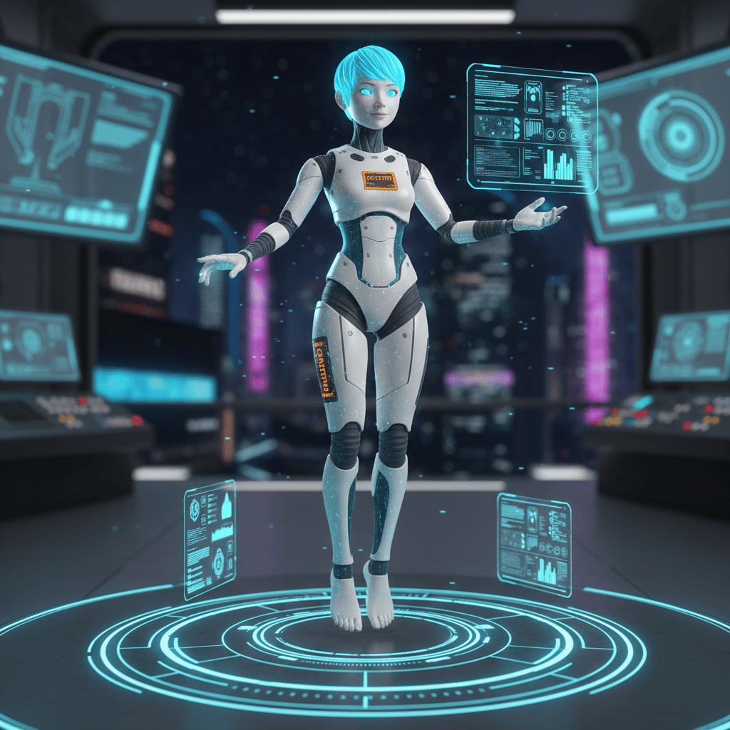 Character AI futuristic AI assistant holographic avatar friendly interface advanced technology synthetic operative matte ceramic shell with soft joint gaiters Accents QR serial plates caution image 1 | https://oc-maker.com/