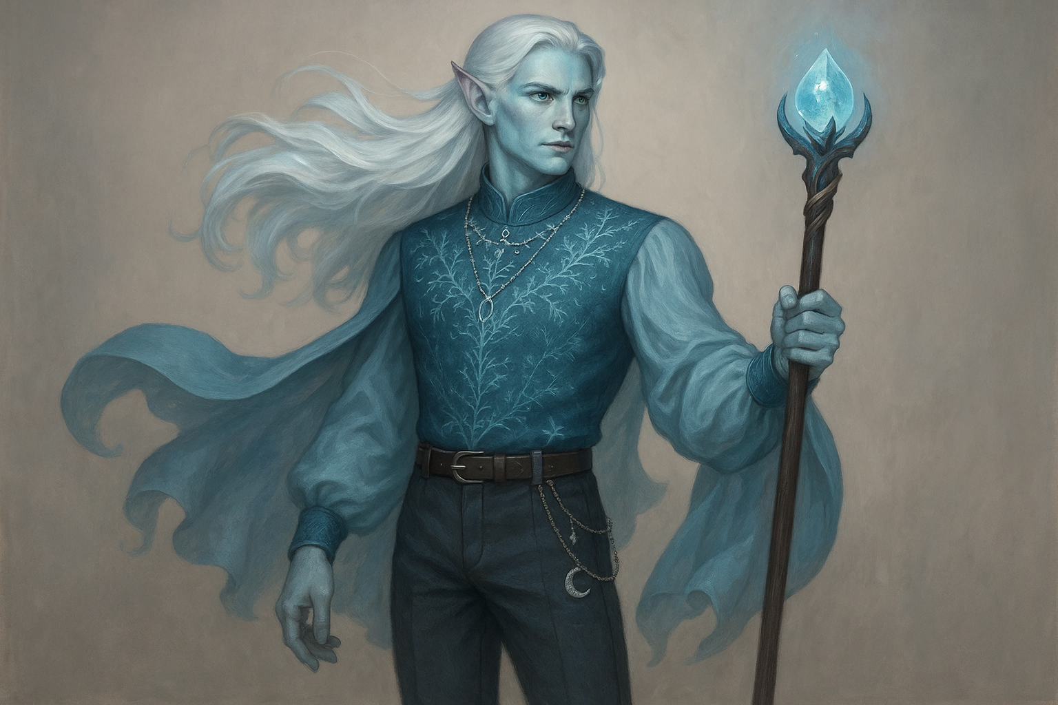 Elyndor Frostwhisper is a celestial moon elf sorcerer whose presence radiates an air of mystery and adventure. Standing at an athletic 6 feet tall, his long, flowing white hair cascades down his back, shimmering like moonlight. His striking green eyes, flecked with gold, seem to hold the secrets of the cosmos. Dressed in a unique ensemble that fuses modern styles with classical elven aesthetics, he wears a fitted tunic adorned with intricate frost patterns, complemented by flowing sleeves that billow like clouds. His trousers are tailored yet comfortable, allowing for agile movement across the vast landscapes he traverses. Elyndor carries a beautifully crafted staff topped with a crystal that glows with a frosty light, channeling his elemental affinity for ice. His accessories include delicate silver chains and celestial motifs that reflect his connection to the moon and stars. Elyndor is a wanderer at heart, driven by a thirst for knowledge and a desire to protect the natural world, often found exploring expansive wilderness or vibrant cityscapes with an inquisitive spirit.