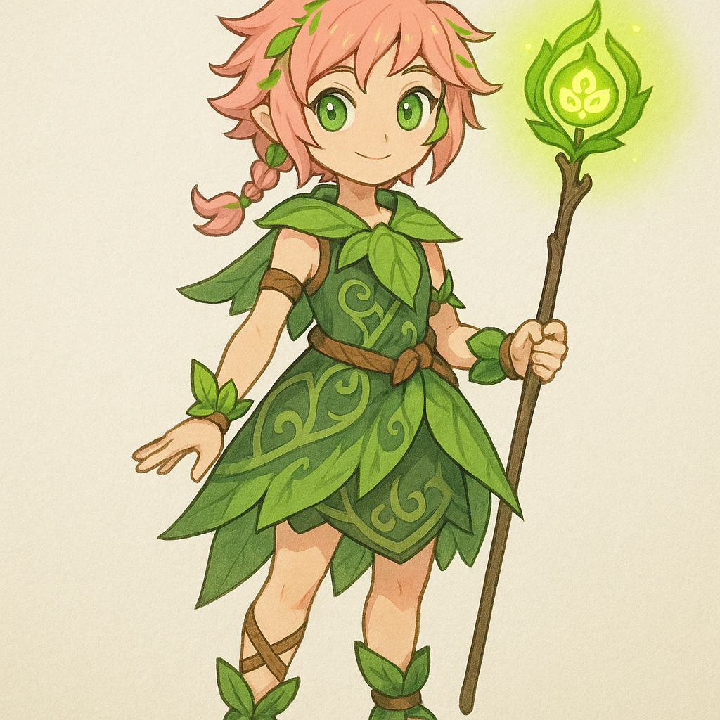Anara, the playful aranara of Sumeru, stands at an average height with a whimsical charm. Her light skin tone is complemented by her short, messy, pastel pink hair, playfully braided and adorned with hints of green, resembling the vibrant foliage of her homeland. Her striking green eyes sparkle with curiosity and mischief, reflecting her deep connection to nature. Anara wears a leafy outfit that seamlessly blends modern and classical elements, featuring intricate patterns that evoke the essence of the forest. In her hand, she wields a slender staff topped with a glowing dendro vision, channeling the power of nature around her. With a personality that embodies adventure and spontaneity, Anara is often found exploring expansive landscapes or bustling cityscapes, her presence leaving a trail of vibrant flora in her wake.