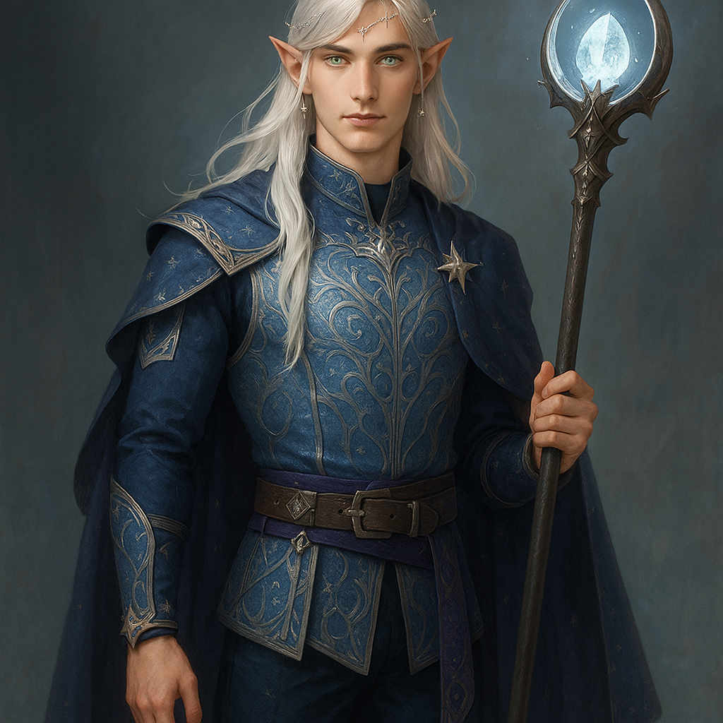 Lunaris Frostweaver, a 28-year-old celestial sorcerer, embodies the ethereal elegance of the moon elves. With long, flowing white hair cascading like a silver waterfall and striking green eyes flecked with shimmering gold, he captivates all who gaze upon him. His fair skin glows softly in the moonlight, accentuating his athletic build. Dressed in a blend of modern and classical attire, his costume features intricate patterns of icy blues and silvers, interwoven with hints of deep purples that evoke the night sky. Adorned with delicate silver accessories that resemble twinkling stars, he wields a staff crowned with a luminescent crystal, channeling frost magic with graceful ease. Whether exploring expansive natural landscapes or navigating bustling cityscapes, Lunaris emanates a sense of adventure and mystery, leaving a trail of frost in his wake.