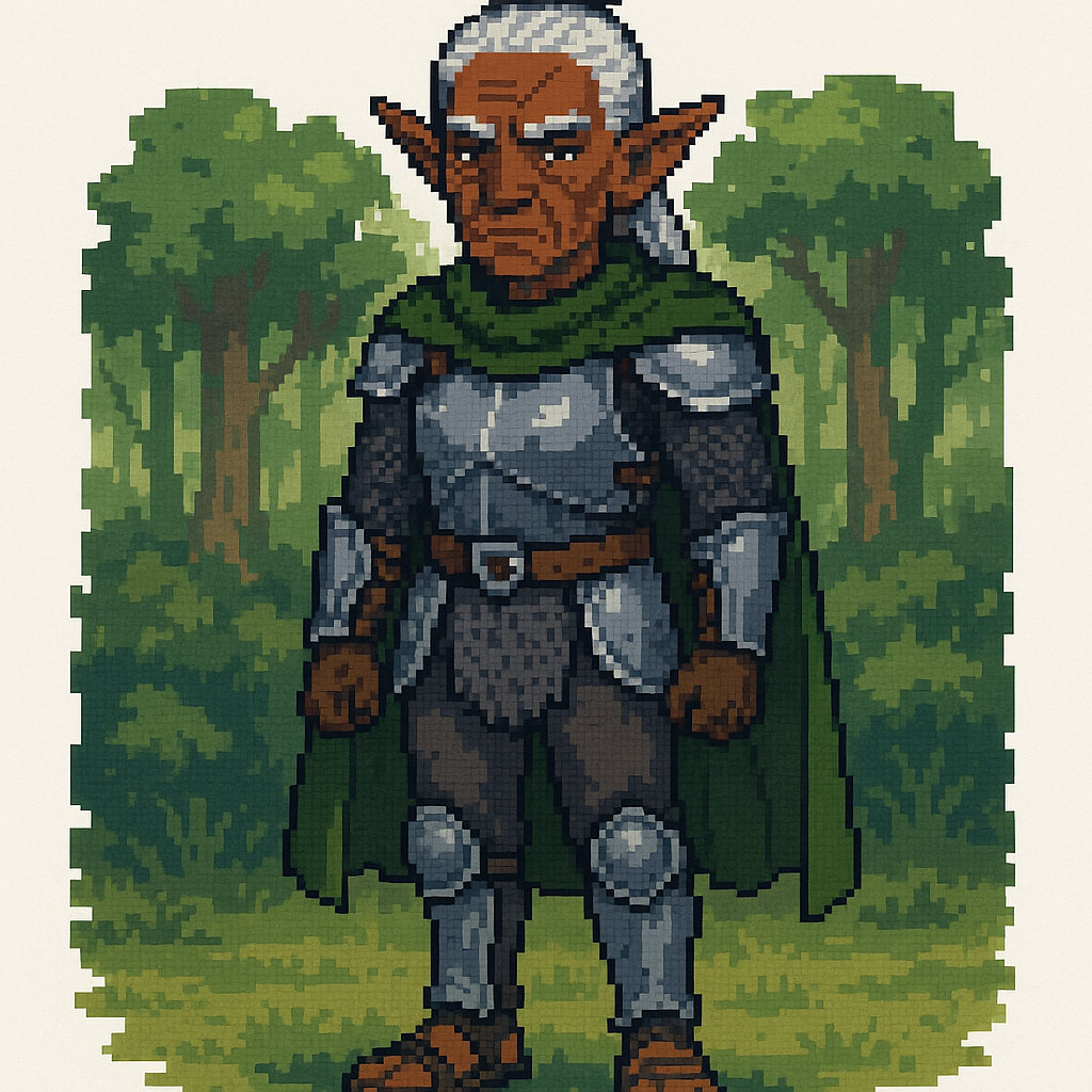 Elf girl with silver hair, fantasy armor, forest background, Elyra, Character Style: Pixel Art, Gender: Other, Age: Elder, Body Type: Slim, Hair Color: Black, Hairstyle: Bun, Skin Tone: Brown, Facial Features: Scar, Top: Sweater, Bottom: Pants, Shoes: Sandals, white background, FULL BODY SHOT, complete character from head to toe, character takes up 60% of image height, leave space above head and below feet, full body visible, no cropping, no cut off, complete anatomy, well-proportioned full figure, standing pose, wide shot composition, entire character in frame