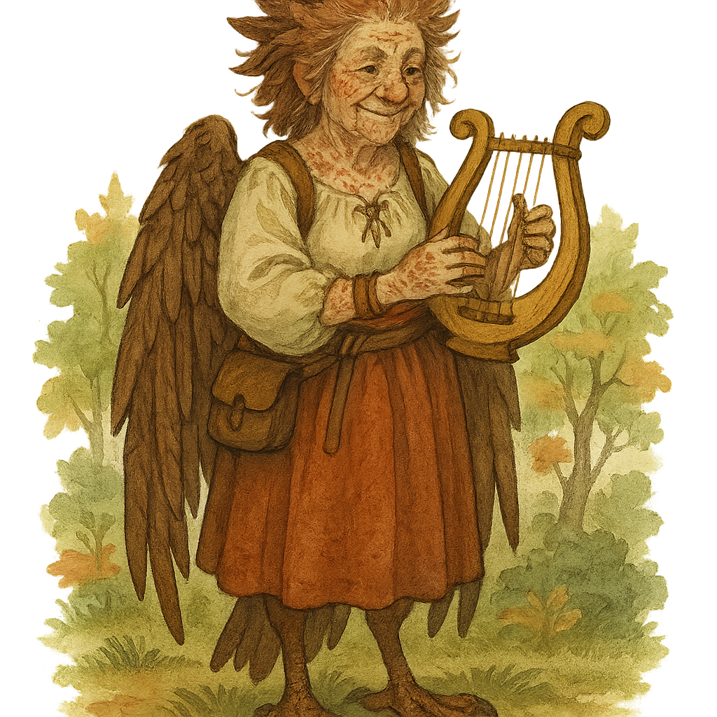 Yaelokre style folk character, mystical woodland aesthetic, cottagecore design, fantasy bard, Yaelokre style harpy musician with folk aesthetic, cottagecore vibes, earthy tones, Lyrian, Character Type: Musician, Yaelokre Aesthetic: Folk, Gender: Female, Age: Elderly Sage, Hair Style: Wild, Hair Color: Chestnut, Skin Tone: Freckled, Clothing Style: Peasant Shirt, Color Palette: Autumn Colors, Accessories: Leather Straps, Setting: Forest Clearing, clean white background, FULL BODY SHOT, complete character from head to toe, character takes up 40% of image height, leave space above head and below feet, full body visible, no cropping, no cut off, complete anatomy, well-proportioned full figure, standing pose, detailed character design, high quality illustration, proper lighting, fair skin tone unless specified otherwise, centered composition, character facing forward, wide shot composition