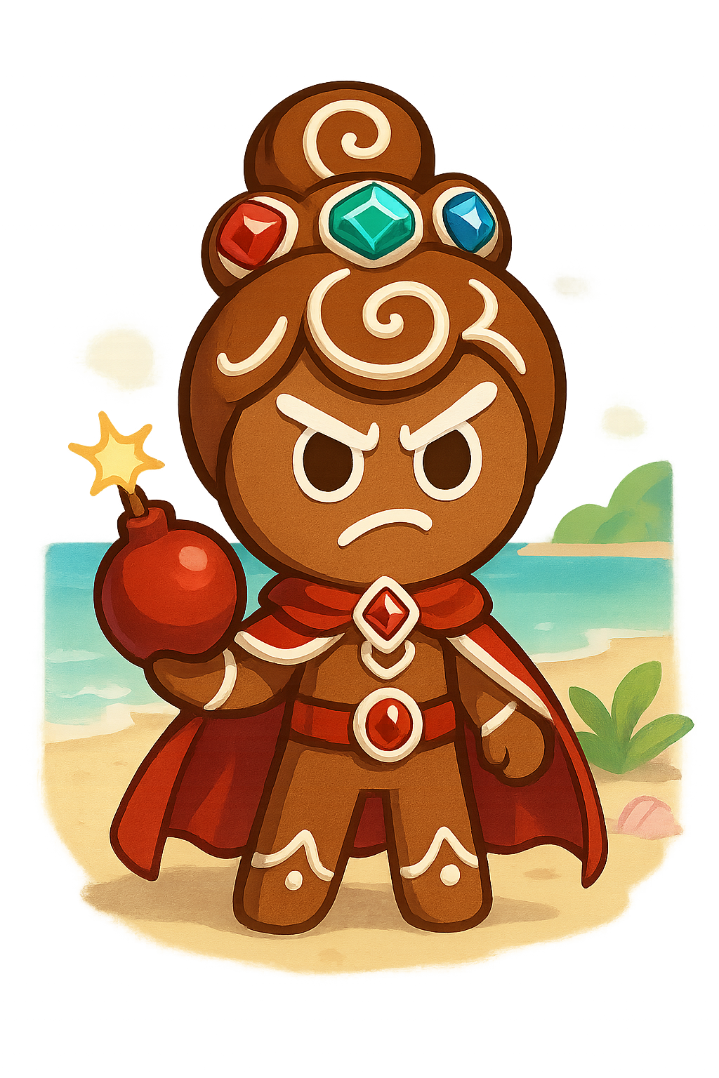 Cookie Run Kingdom style character, cute cookie chibi aesthetics, A brave cookie that lives in dragon city and Is in love with latte cookie!, Cinnamon spice cookie, Cookie Type: Epic, Cookie Class: Bomber, Kingdom Role: Combat, Cookie Dough: Gingerbread, Frosting Style: Royal Icing, Decoration Theme: Gems, Cookie Size: Regular, Personality Trait: Brave, Special Ability: Stun, Cookie Kingdom: Hollyberry Kingdom, Background Setting: Sugar Beach, white background, full-length portrait, full body shot, whole figure head-to-toe fully visible, leave at least 15% empty margin above head and below feet, subject centered, long shot (not close-up), character height about 35% of image, do not crop, no cut off, no zoom-in, complete anatomy, well-proportioned full figure, standing pose, highly detailed, clean fine linework, smooth soft shading, soft gradients, minimal grain, low noise, anti-aliased edges, balanced contrast, high quality illustration, proper studio lighting