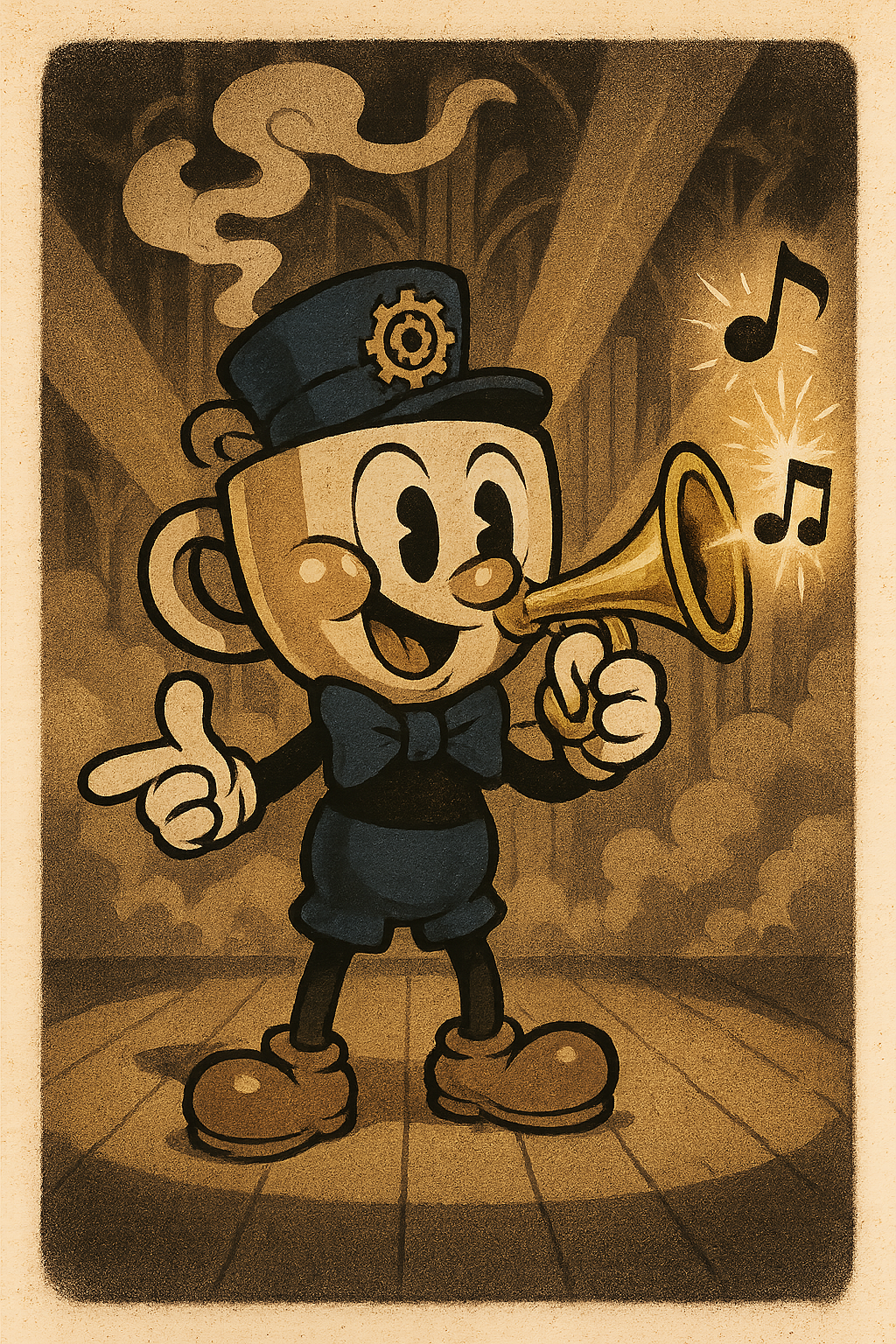 Cuphead style character, 1930s rubber hose animation, vintage cartoon aesthetic, a cup of coffee that befriends cuphead and mugman. Cuphead–inspired OC, jazzy trumpeter hero with bow tie, cuffed shorts, white gloves; original gear-sun sigil on the hat. Firing musical note projectiles from a shining trumpet, squash-and-stretch cheeks. Smoky speakeasy stage with spotlight cones and art deco backdrop. Crisp ink, limited palette (sepia, brass gold, midnight blue), halftone dots, subtle vignette, 4k, cofee, Character Type: Cup, Art Style: Disney Classic, Animation Style: Smooth, Color Scheme: Full Color, Head Shape: Cup, Facial Features: Dot Eyes, Body Type: Short, Clothing Style: Dress, Personality: Brave, Special Ability: Finger Gun, Boss Level: DLC Boss, Game World: Airplane, white background, full-length portrait, full body shot, whole figure head-to-toe fully visible, leave at least 15% empty margin above head and below feet, subject centered, long shot (not close-up), character height about 35% of image, do not crop, no cut off, no zoom-in, complete anatomy, well-proportioned full figure, standing pose, highly detailed, clean fine linework, smooth soft shading, soft gradients, minimal grain, low noise, anti-aliased edges, balanced contrast, high quality illustration, proper studio lighting