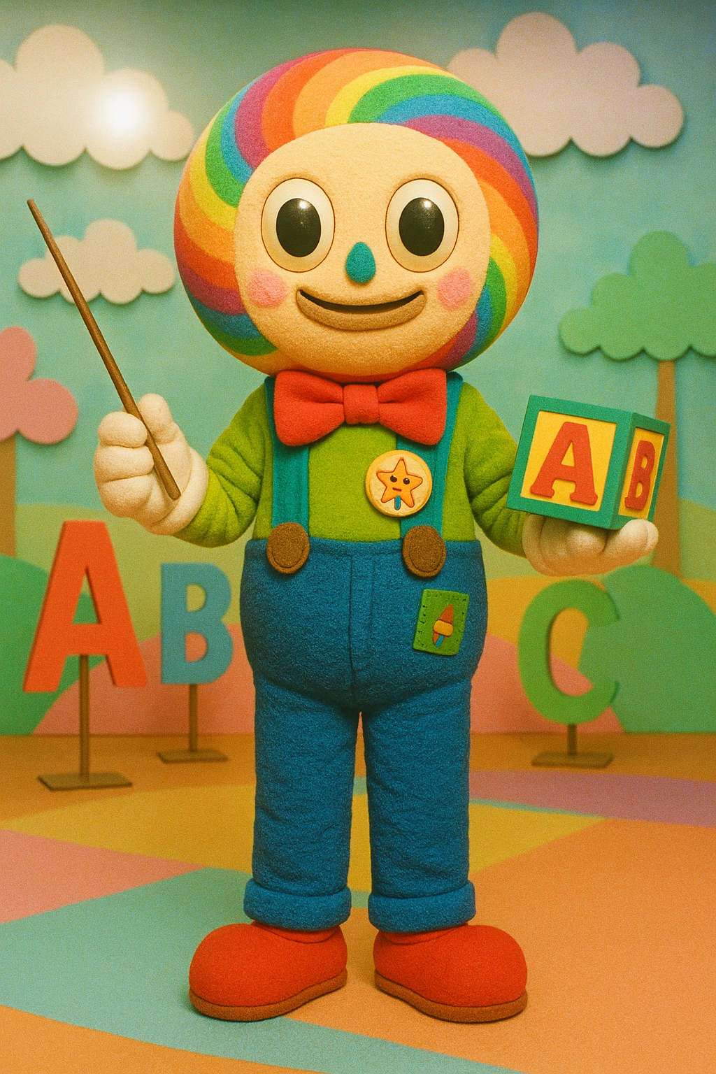 Dandy's World cartoon vibrant toon style, colorful playful shapes, a cute candy that helps other toons. Dandy’s World–inspired original mascot OC, cheerful-but-uncanny. Oversized foam head with painted wide eyes and a polite cardboard smile, felt bow tie, suspenders with felt patches, plush gloves; original star-pencil badge on the vest. Holding a pointer and alphabet block prop. TV classroom set with pastel walls, paper clouds, and cardboard letters on stands. On-camera flash, soft haze, CRT bloom, subtle vignette, fine film grain, vibrant yet slightly dingy colors, 4k, candty, Character Type: Twisted, Dandy's World Style: Cute, Species: Candy, Personality: Shy, Primary Color: Rainbow, Secondary Color: Neon, Body Style: Fluffy, Special Features: Big Eyes, Accessories: Scarf, Expression: Happy, Background: Candy Land, full-length portrait, full body shot, whole figure head-to-toe fully visible, leave at least 15% empty margin above head and below feet, subject centered, long shot (not close-up), character height about 35% of image, do not crop, no cut off, no zoom-in, complete anatomy, well-proportioned full figure, standing pose, highly detailed, clean fine linework, smooth soft shading, soft gradients, minimal grain, low noise, anti-aliased edges, balanced contrast, high quality illustration, proper studio lighting