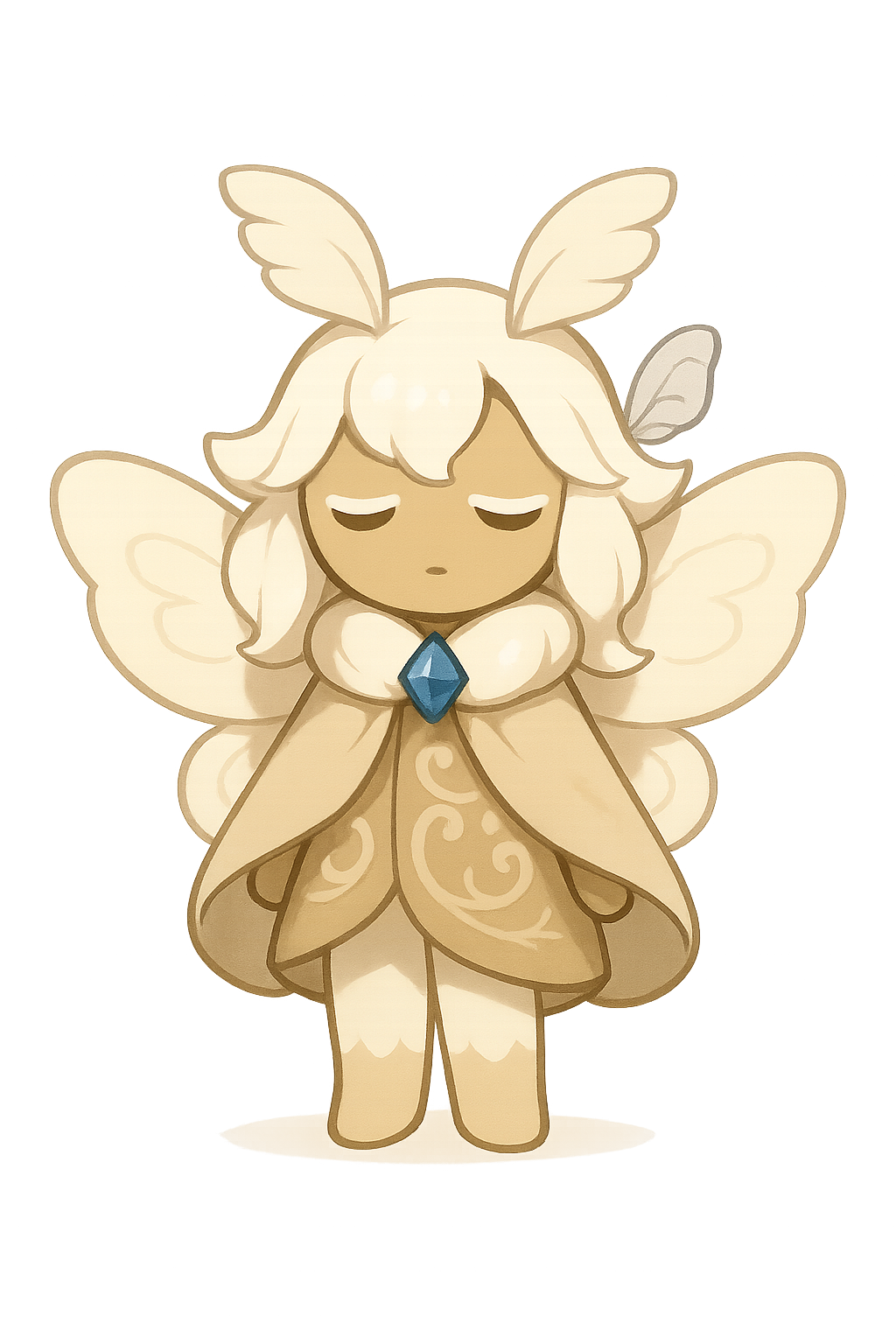 Cookie Run Kingdom style character, cute cookie chibi aesthetics, A quiet cookie that is part moth- part cookie and is somewhat mysterious and can't really talk but instead other cookies use translators., SIlk moth cookie, Cookie Type: Legendary, Cookie Size: Large, Special Ability: Speed Boost, Cookie Kingdom: White Lily Kingdom, Background Setting: Candy Forest, Frosting Style: Fondant, Cookie Dough: Sugar, Kingdom Role: Exploration, Cookie Class: Magic, Personality Trait: Calm, white background, full-length portrait, full body shot, whole figure head-to-toe fully visible, leave at least 15% empty margin above head and below feet, subject centered, long shot (not close-up), character height about 35% of image, do not crop, no cut off, no zoom-in, complete anatomy, well-proportioned full figure, standing pose, highly detailed, clean fine linework, smooth soft shading, soft gradients, minimal grain, low noise, anti-aliased edges, balanced contrast, high quality illustration, proper studio lighting