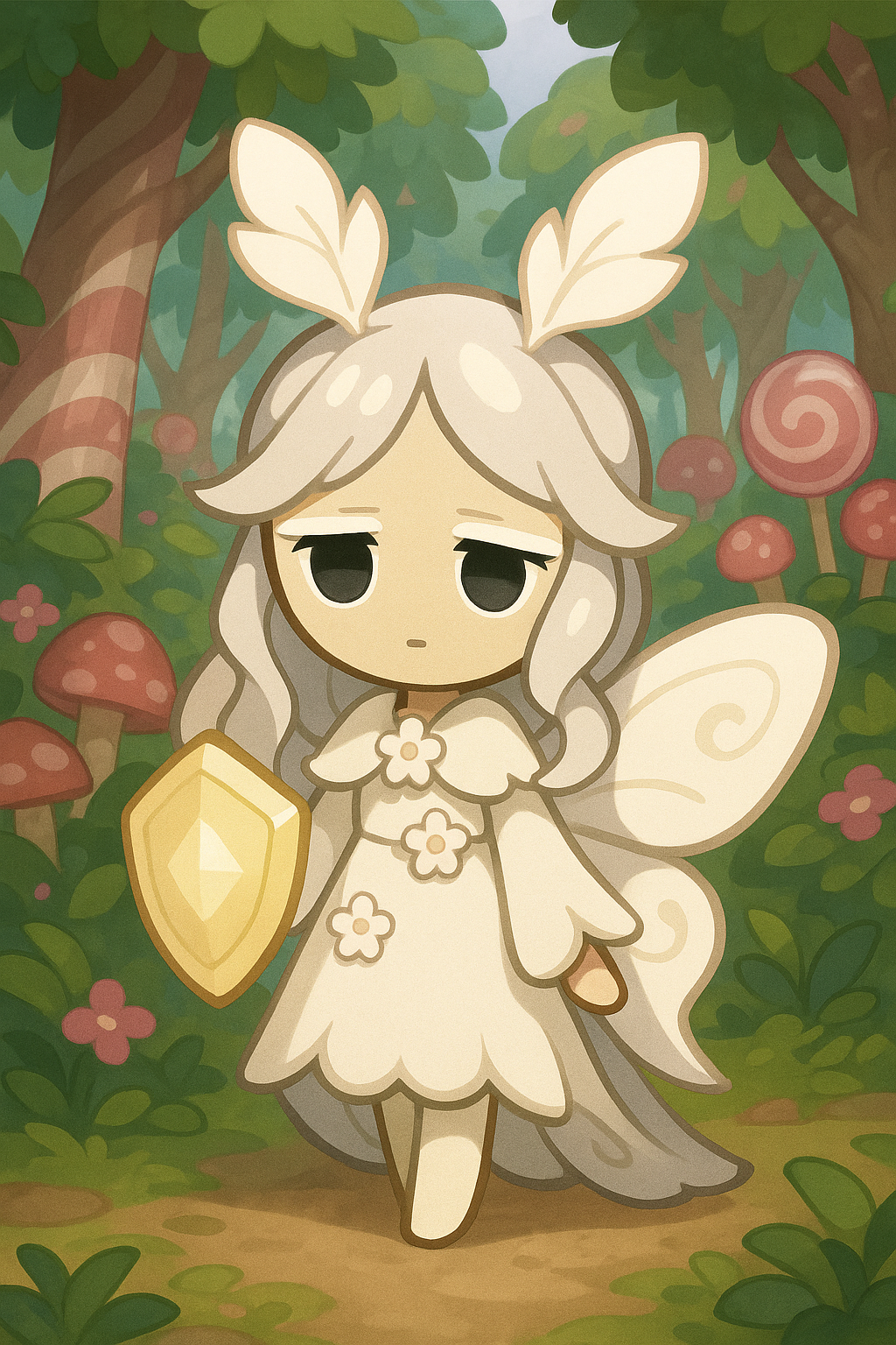 Cookie Run Kingdom style character, cute cookie chibi aesthetics, A calm and quiet cookie that cannot talk so she/they used translators for some cookies she likes/trusts, Silk moth cookie, Background Setting: Candy Forest, Cookie Type: Legendary, Cookie Class: Magic, Kingdom Role: Exploration, Cookie Dough: Sugar, Frosting Style: Buttercream, Decoration Theme: Flowers, Cookie Size: Regular, Personality Trait: Calm, Special Ability: Shield, Cookie Kingdom: White Lily Kingdom, white background, full-length portrait, full body shot, whole figure head-to-toe fully visible, leave at least 15% empty margin above head and below feet, subject centered, long shot (not close-up), character height about 35% of image, do not crop, no cut off, no zoom-in, complete anatomy, well-proportioned full figure, standing pose, highly detailed, clean fine linework, smooth soft shading, soft gradients, minimal grain, low noise, anti-aliased edges, balanced contrast, high quality illustration, proper studio lighting