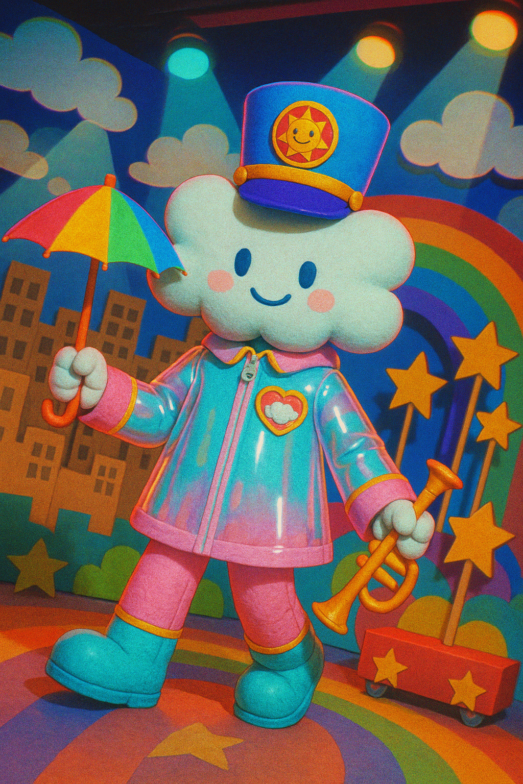 Dandy's World cartoon vibrant toon style, colorful playful shapes, Dandy’s World–inspired OC with a cloud-shaped mascot head, gentle smile, pastel fleece suit, translucent plastic raincoat, original cloud-heart emblem. Holding a paper umbrella. Cardboard city backdrop with rolling paper clouds and spotlight cones. CRT scanlines, soft bloom, film grain, chromatic aberration, 4k, Dandy’s World–inspired mascot OC, bandleader theme. Felt marching cap with original smiling sun emblem, foam suit with gold trim, oversized buttons, toy trumpet prop. Stage with rainbow arch and paper star cutouts, visible wheels under props for a staged look. Wide-angle lens, Dutch tilt, on-camera flash, chromatic fringe, scanlines, grain, 4k, Dandy’s World–inspired mascot OC, bandleader theme. Felt marching cap with original smiling sun emblem, foam suit with gold trim, oversized buttons, toy trumpet prop. Stage with rainbow arch and paper star cutouts, visible wheels under props for a staged look. Wide-angle lens, Dutch tilt, on-camera flash, chromatic fringe, scanlines, grain, 4k, Dandy’s World–inspired mascot OC, bandleader theme. Felt marching cap with original smiling sun emblem, foam suit with gold trim, oversized buttons, toy trumpet prop. Stage with rainbow arch and paper star cutouts, visible wheels under props for a staged look. Wide-angle lens, Dutch tilt, on-camera flash, chromatic fringe, scanlines, grain, 4k, Dandy’s World–inspired mascot OC, bandleader theme. Felt marching cap with original smiling sun emblem, foam suit with gold trim, oversized buttons, toy trumpet prop. Stage with rainbow arch and paper star cutouts, visible wheels under props for a staged look. Wide-angle lens, Dutch tilt, on-camera flash, chromatic fringe, scanlines, grain, 4k, evy, Background: Flower Garden, Expression: Surprised, Accessories: Collar, Special Features: Horns, Body Style: Sleek, Secondary Color: Silver, Primary Color: Green, Species: Dinosaur, Personality: Brave, Character Type: Main Character, Dandy's World Style: Cartoon, full-length portrait, full body shot, whole figure head-to-toe fully visible, leave at least 15% empty margin above head and below feet, subject centered, long shot (not close-up), character height about 35% of image, do not crop, no cut off, no zoom-in, complete anatomy, well-proportioned full figure, standing pose, highly detailed, clean fine linework, smooth soft shading, soft gradients, minimal grain, low noise, anti-aliased edges, balanced contrast, high quality illustration, proper studio lighting