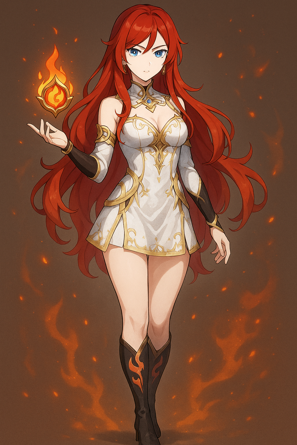 Genshin Impact style character, anime illustration, elemental vision, ornate fantasy outfit, Kim is a striking Pyro vision bearer with a gentle yet powerful presence that melds elegance. Her tall, slender yet curvy silhouette is accentuated by her flowing scarlet hair that cascades like molten fire, contrasting vividly with her piercing azure eyes that gleam with intensity and determination. She wears an exquisite white and gold ensemble—a fitted top and skirt that gracefully embrace her curves, the neckline artfully revealing a tasteful cleavage that speaks to both confidence and allure. The fabric shimmers subtly with golden embroidery that catches the light like flickering flames.

Her knee-high, dark black heel boots are a striking contrast, adorned with stylized flame motifs licking upwards, symbolizing her Pyro prowess. The boots' flames glow faintly with an ember-like hue, as if alive with smoldering energy. Around her, wisps of fiery embers drift gently, swirling in an almost ethereal dance that hints at her command over fire. The background features a warm, radiant glow of blazing embers and sparks that frame her figure, highlighting her power and elegance in equal measure. Genshin Impact–inspired original character, Pyro theme. Agile swordswoman in layered red–black attire with gold filigree, asymmetrical capelet, embroidered brocade panels, leather belts with beads, original star-anther vision medallion at the hip. Curved longsword with ember glow, flame ribbons swirling, ember sparks, warm rim light. Desert ruins at sunset with heat haze. Clean anime lineart, cel shading with soft gradients, cinematic lighting, high detail, 4k, Kim, Character Rarity: 5-Star, Element: Pyro, Weapon Type: Sword, Region: Natlan, Body Type: Adult Female, Hair Length: Very Long, Hair Color: Red, Eye Color: Blue, Accessories: Necklace, Personality: Calm, Background Setting: Mountain Peak, white background, full-length portrait, full body shot, whole figure head-to-toe fully visible, leave at least 15% empty margin above head and below feet, subject centered, long shot (not close-up), character height about 35% of image, do not crop, no cut off, no zoom-in, complete anatomy, well-proportioned full figure, standing pose, highly detailed, clean fine linework, smooth soft shading, soft gradients, minimal grain, low noise, anti-aliased edges, balanced contrast, high quality illustration, proper studio lighting
