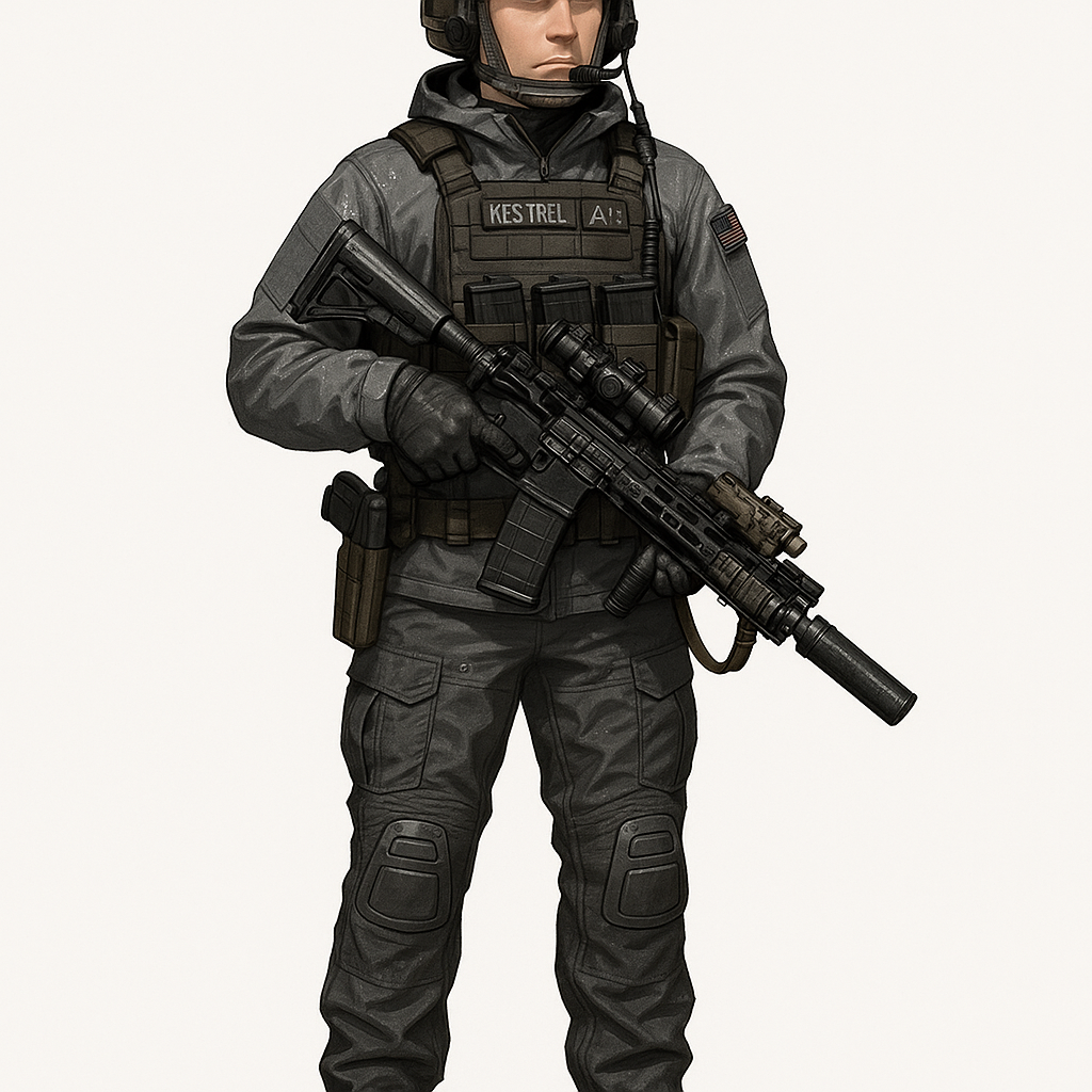 “Operator ‘[Kestrel]’, role: Assaulter, theater: Urban night. Apparel: urban gray softshell over plate carrier with triple 5.56 shingles, combat pants with integrated knee pads, gore-tex boots. Helmet: FAST with NVG mount, counterweight, IR flag; headset with PTT. Weapon: 5.56 SBR, LPVO + offset red dot, PEQ-15, scout light, QD suppressor, 2-point sling. Markings: name tape, blood type patch. FX: rain sheen, streetlight bokeh. Full body, 4k.”, white background, full-length portrait, full body shot, whole figure head-to-toe fully visible, leave at least 15% empty margin above head and below feet, subject centered, long shot (not close-up), character height about 35% of image, do not crop, no cut off, no zoom-in, complete anatomy, well-proportioned full figure, standing pose, highly detailed, clean fine linework, smooth soft shading, soft gradients, minimal grain, low noise, anti-aliased edges, balanced contrast, high quality illustration, proper studio lighting