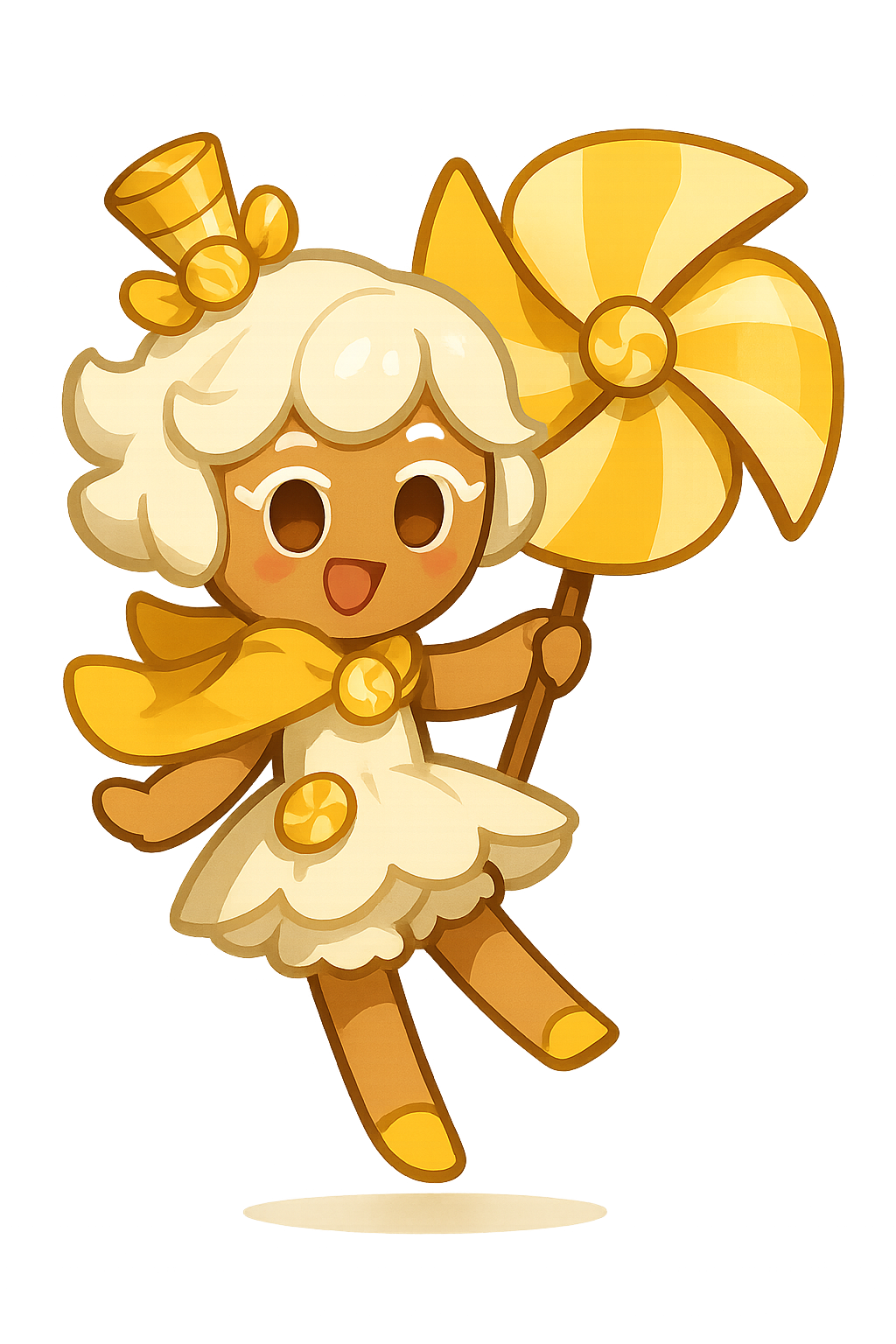 Cookie Run Kingdom style character, cute cookie chibi aesthetics, Cookie Run Kingdom style character, cute cookie chibi aesthetics, Cookie Run: Kingdom–inspired OC, Butterstoch cilender camdies. White short, merunge hair. Her prop is a giant pinwheel that she uses for flight. Dynamic pose cute chibi.Yellow shawl, playfulbuttecsyoch accesories, young., butterstoch merunge cookie, Cookie Type: Epic, Cookie Class: Ranged, Kingdom Role: Story, Cookie Dough: Sugar, Frosting Style: Buttercream, Decoration Theme: Candy, Cookie Size: Mini, Personality Trait: Sweet, Special Ability: Stun, Cookie Kingdom: Vanilla Kingdom, Background Setting: Ice Cream Peaks, white background, full-length portrait, full body shot, whole figure head-to-toe fully visible, leave at least 15% empty margin above head and below feet, subject centered, long shot (not close-up), character height about 35% of image, do not crop, no cut off, no zoom-in, complete anatomy, well-proportioned full figure, standing pose, highly detailed, clean fine linework, smooth soft shading, soft gradients, minimal grain, low noise, anti-aliased edges, balanced contrast, high quality illustration, proper studio lighting
