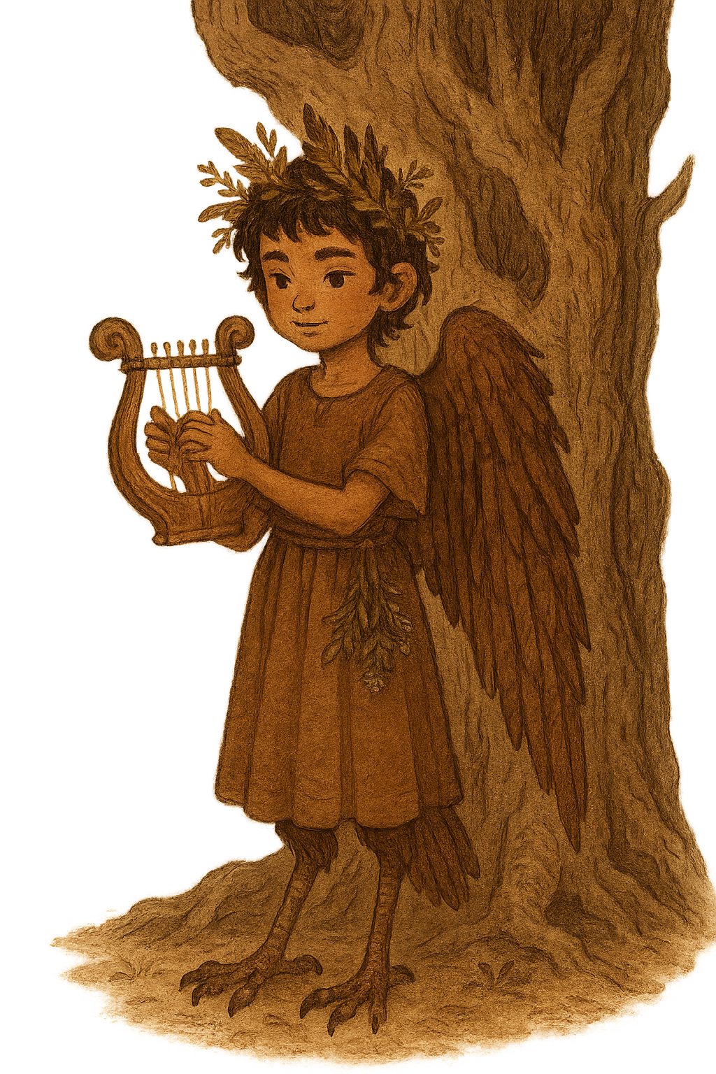Yaelokre mystical folk aesthetic, cottagecore, forest musical vibes, Yaelokre style harpy musician with folk aesthetic, cottagecore vibes, earthy tones, Lyrian, Character Type: Storyteller, Yaelokre Aesthetic: Earthy, Gender: Androgynous, Age: Child, Hair Style: Decorated with Feathers, Hair Color: Black, Skin Tone: Tan, Clothing Style: Simple Dress, Color Palette: Warm Brown, Accessories: Herbs, Setting: Ancient Tree, white background, full-length portrait, full body shot, whole figure head-to-toe fully visible, leave at least 15% empty margin above head and below feet, subject centered, long shot (not close-up), character height about 35% of image, do not crop, no cut off, no zoom-in, complete anatomy, well-proportioned full figure, standing pose, highly detailed, clean fine linework, smooth soft shading, soft gradients, minimal grain, low noise, anti-aliased edges, balanced contrast, high quality illustration, proper studio lighting