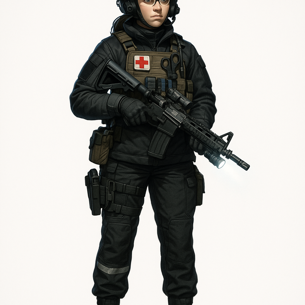 “Operator ‘[Halo]’, role: Combat Medic, theater: Urban night. Apparel: red-cross IFAK patch, shears tether, tourniquets, pressure bandage pouches, thermal midlayer. Weapon: 5.56 carbine with white/IR dual light. Soft blue rim, reflective tape glints. Full body, 4k.”, white background, full-length portrait, full body shot, whole figure head-to-toe fully visible, leave at least 15% empty margin above head and below feet, subject centered, long shot (not close-up), character height about 35% of image, do not crop, no cut off, no zoom-in, complete anatomy, well-proportioned full figure, standing pose, highly detailed, clean fine linework, smooth soft shading, soft gradients, minimal grain, low noise, anti-aliased edges, balanced contrast, high quality illustration, proper studio lighting