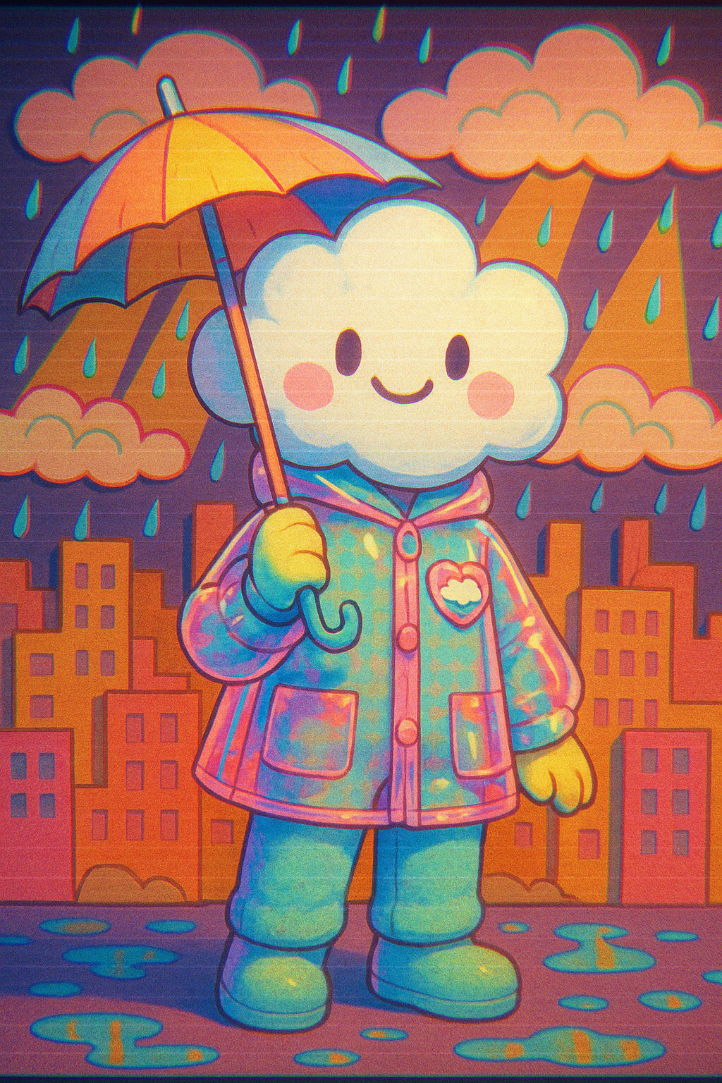 Dandy's World cartoon vibrant toon style, colorful playful shapes, Dandy’s World–inspired OC with a cloud-shaped mascot head, gentle smile, pastel fleece suit, translucent plastic raincoat, original cloud-heart emblem. Holding a paper umbrella. Cardboard city backdrop with rolling paper clouds and spotlight cones. CRT scanlines, soft bloom, film grain, chromatic aberration, 4k, Dandy’s World–inspired OC with a cloud-shaped mascot head, gentle smile, pastel fleece suit, translucent plastic raincoat, original cloud-heart emblem. Holding a paper umbrella. Cardboard city backdrop with rolling paper clouds and spotlight cones. CRT scanlines, soft bloom, film grain, chromatic aberration, 4k, Dandy’s World–inspired OC with a cloud-shaped mascot head, gentle smile, pastel fleece suit, translucent plastic raincoat, original cloud-heart emblem. Holding a paper umbrella. Cardboard city backdrop with rolling paper clouds and spotlight cones. CRT scanlines, soft bloom, film grain, chromatic aberration, 4k, Dandy’s World–inspired mascot OC, bandleader theme. Felt marching cap with original smiling sun emblem, foam suit with gold trim, oversized buttons, toy trumpet prop. Stage with rainbow arch and paper star cutouts, visible wheels under props for a staged look. Wide-angle lens, Dutch tilt, on-camera flash, chromatic fringe, scanlines, grain, 4k, Dandy’s World–inspired original mascot OC, cheerful-but-uncanny. Oversized foam head with painted wide eyes and a polite cardboard smile, felt bow tie, suspenders with felt patches, plush gloves; original star-pencil badge on the vest. Holding a pointer and alphabet block prop. TV classroom set with pastel walls, paper clouds, and cardboard letters on stands. On-camera flash, soft haze, CRT bloom, subtle vignette, fine film grain, vibrant yet slightly dingy colors, 4k, Evelyn, Primary Color: Yellow, Personality: Brave, Species: Candy, Dandy's World Style: Cute, Character Type: Main Character, Secondary Color: Brown, Body Style: Fluffy, Special Features: Big Eyes, Accessories: Scarf, Expression: Happy, Background: Candy Land, full-length portrait, full body shot, whole figure head-to-toe fully visible, leave at least 15% empty margin above head and below feet, subject centered, long shot (not close-up), character height about 35% of image, do not crop, no cut off, no zoom-in, complete anatomy, well-proportioned full figure, standing pose, highly detailed, clean fine linework, smooth soft shading, soft gradients, minimal grain, low noise, anti-aliased edges, balanced contrast, high quality illustration, proper studio lighting