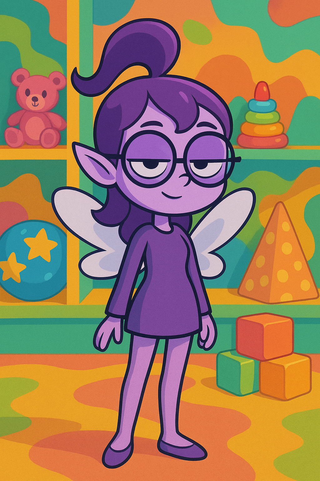 Dandy's World cartoon vibrant toon style, colorful playful shapes, female human, Character Type: Main Character, Dandy's World Style: Cute, Species: Other, Personality: Mischievous, Primary Color: Purple, Secondary Color: Silver, Body Style: Sleek, Special Features: Wings, Accessories: Glasses, Expression: Sleepy, Background: Toy Room, full-length portrait, full body shot, whole figure head-to-toe fully visible, leave at least 15% empty margin above head and below feet, subject centered, long shot (not close-up), character height about 35% of image, do not crop, no cut off, no zoom-in, complete anatomy, well-proportioned full figure, standing pose, highly detailed, clean fine linework, smooth soft shading, soft gradients, minimal grain, low noise, anti-aliased edges, balanced contrast, high quality illustration, proper studio lighting