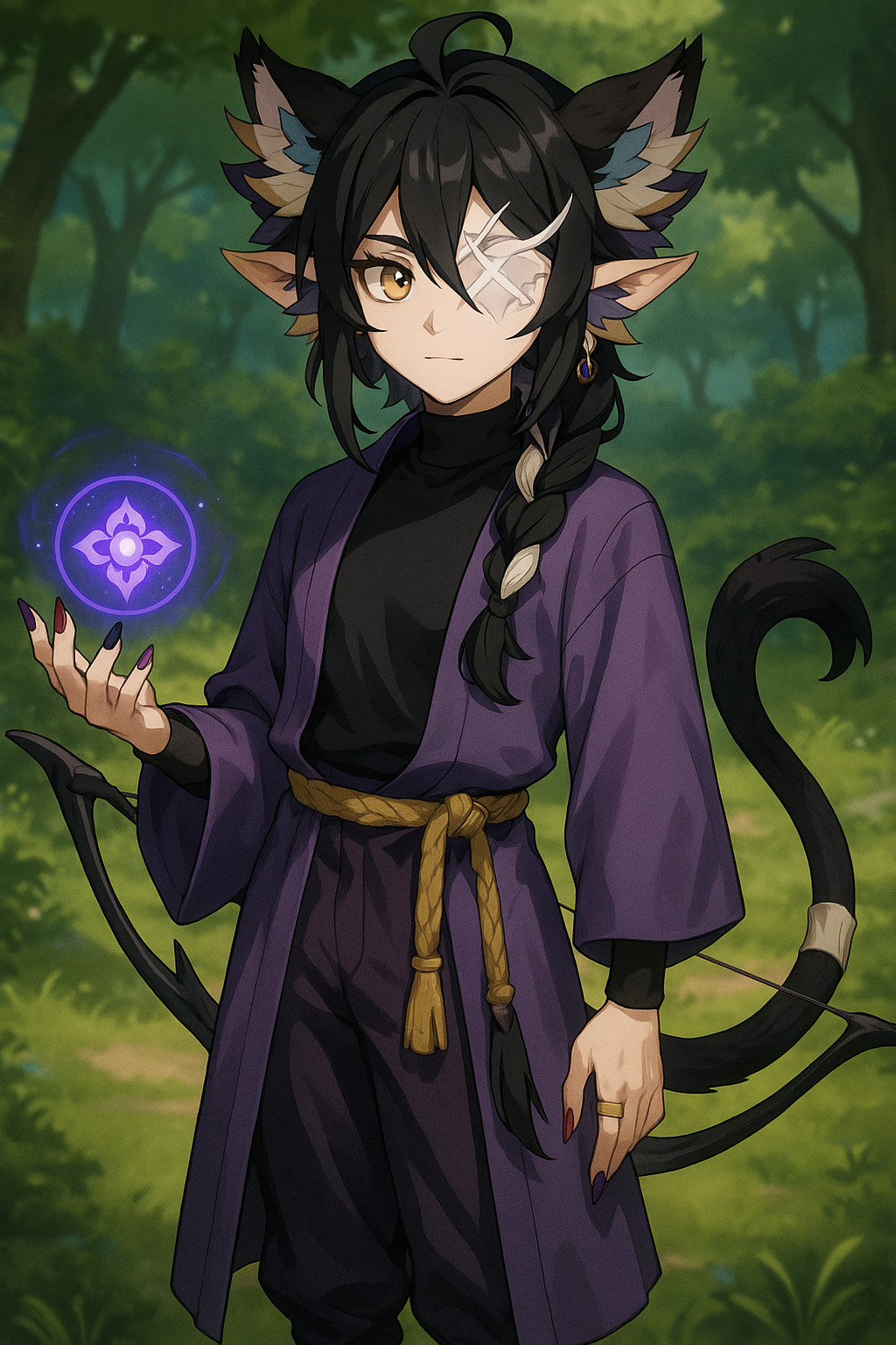 Genshin Impact style character, anime illustration, elemental vision, ornate fantasy outfit, 1girl, humanoid monkey, mix of black and white fur, gold eyes, left eye cloudy gold, white 'X' shaped scar covering left eye, left eyebrow white, right eyebrow black, long black and white hair in messy braid, two loose pieces covering ears, six furry elf ears, blue tinted inside top ears, yellow tinted inside middle ears, purple tinted inside lower ears, orchid-colored robe, dark purple loose pants, black turtleneck sleeveless shirt, gold-colored rope belt, gold band and silver band on black and white monkey tail, sharp nails, left hand nails crimson, right hand nails royal purple, gold ring on left thumb, gold ring on right pointer finger, slim, teenager, single character, slim body,, Indigo Shadow, Eye Color: Heterochromia, Outfit Style: Fantasy, Accessories: Earrings, Personality: Mysterious, Background Setting: Forest Clearing, Hair Length: Braided, Body Type: Teen Female, Weapon Type: Bow, Hair Color: White, white background, full-length portrait, full body shot, whole figure head-to-toe fully visible, leave at least 15% empty margin above head and below feet, subject centered, long shot (not close-up), character height about 35% of image, do not crop, no cut off, no zoom-in, complete anatomy, well-proportioned full figure, standing pose, highly detailed, clean fine linework, smooth soft shading, soft gradients, minimal grain, low noise, anti-aliased edges, balanced contrast, high quality illustration, proper studio lighting