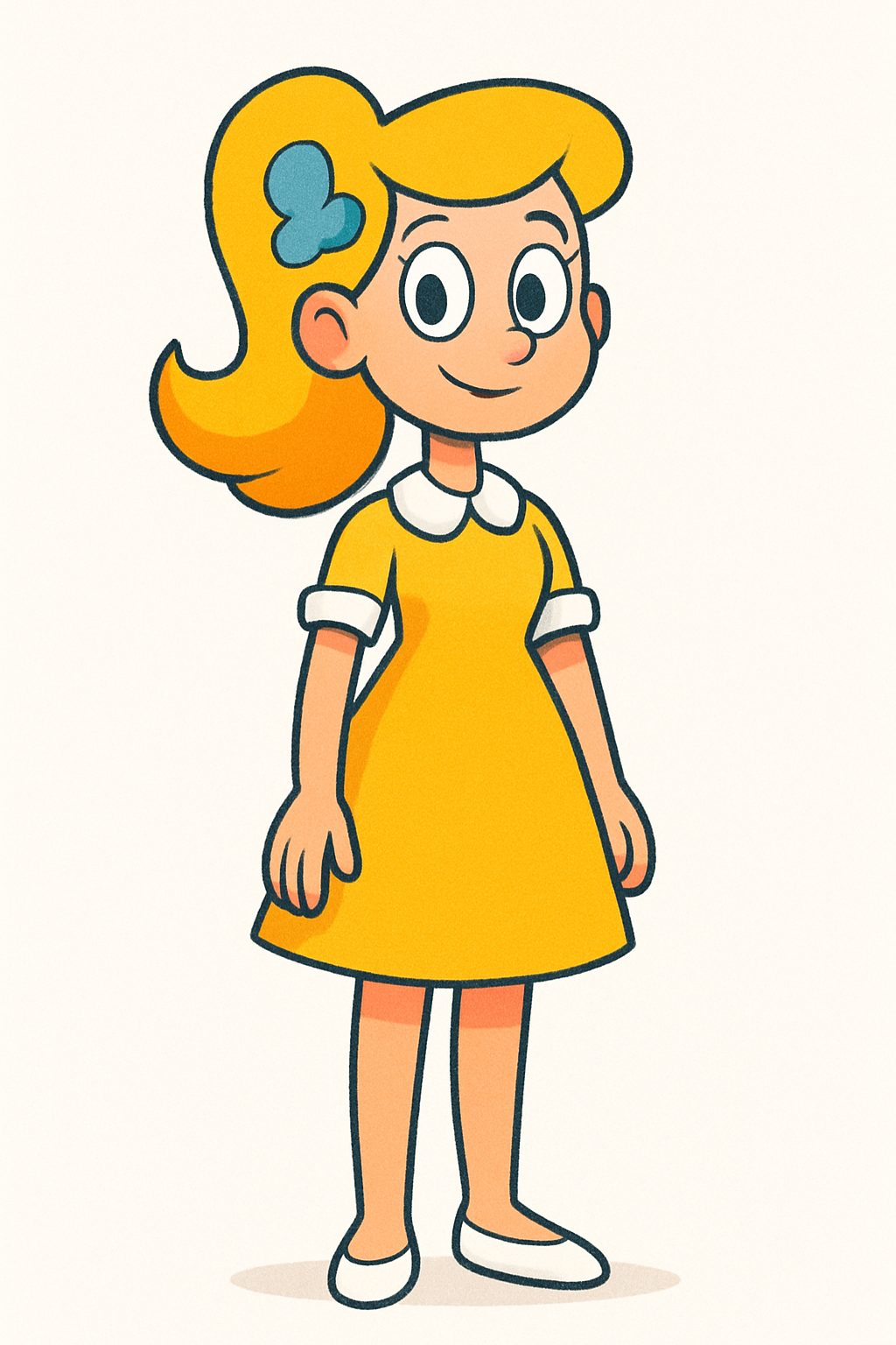 Dandy's World cartoon vibrant toon style, colorful playful shapes, female human with normal skin town, Secondary Color: White, Primary Color: Yellow, white background, full-length portrait, full body shot, whole figure head-to-toe fully visible, leave at least 15% empty margin above head and below feet, subject centered, long shot (not close-up), character height about 35% of image, do not crop, no cut off, no zoom-in, complete anatomy, well-proportioned full figure, standing pose, highly detailed, clean fine linework, smooth soft shading, soft gradients, minimal grain, low noise, anti-aliased edges, balanced contrast, high quality illustration, proper studio lighting
