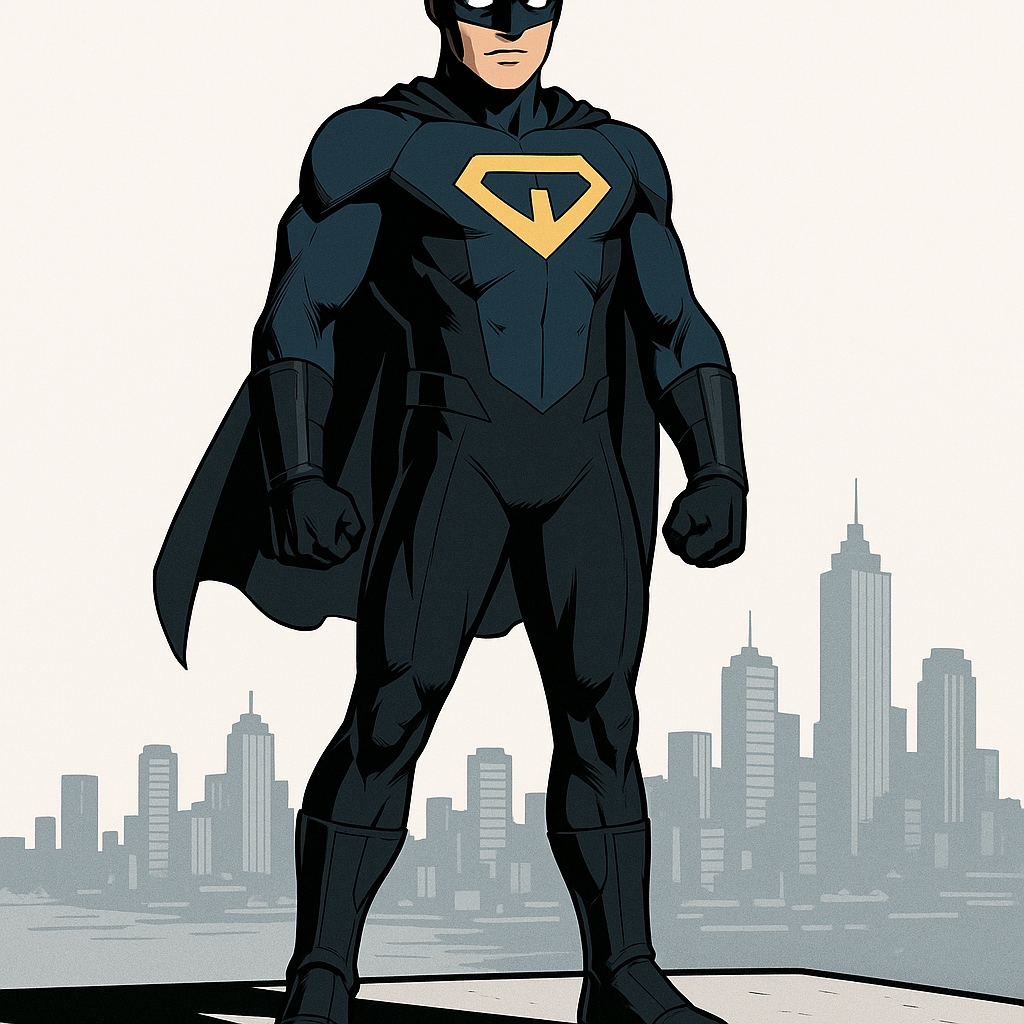 “Invincible style original superhero ‘[Codename]’, role: Guardian trainee. Suit: sleek bi‑color bodysuit with bold chest emblem [symbol], reinforced gauntlets and boots, micro‑seam panels, matte fabric with subtle gloss on highlights. Cape: short aerodynamic cape with stabilizer seams. Mask: half‑cowl with sharp eye cutouts, white eye slits. Body: athletic, clean anatomy, heroic proportions. Scene: rooftop edge with distant city skyline. Lighting: hard comic key, cool rim, minimal bloom. Pose: confident power stance, fists at sides. Full body, head‑to‑toe visible, centered, wide margins, ground plane/contact shadow, 4k, ultra‑detailed, crisp inking, flat‑to‑soft cel shading. No cropping, no close‑up, no truncated limbs, no text, no watermark.full head and full feets.all full body
, white background, full-length portrait, full body shot, whole figure head-to-toe fully visible, leave at least 15% empty margin above head and below feet, subject centered, long shot (not close-up), characte