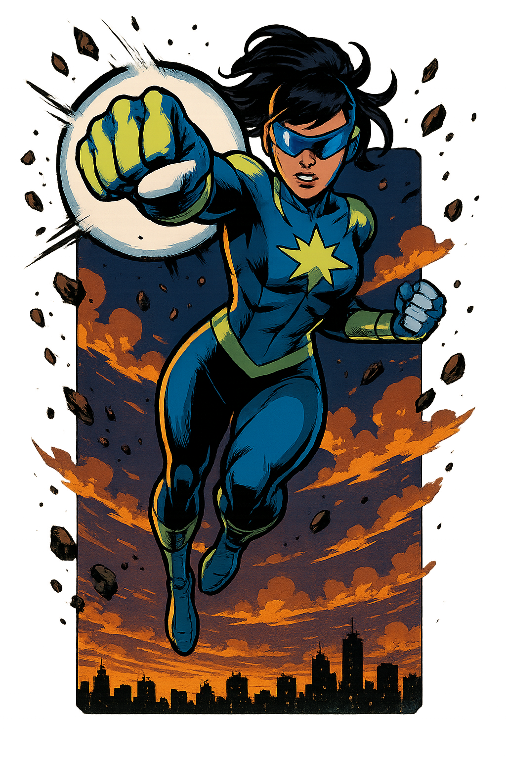 Invincible comic book style superhero character, bold comic shading, dynamic hero pose, Invincible–inspired female original superhero OC, dynamic mid-air punch toward camera, vapor cone around fist, shockwave ring and flying debris; sleek supersuit in cobalt and neon lime with original split-star chest emblem, segmented bracers and boots, streamlined visor; dusk skyline backdrop with glowing clouds; bold American comic style, crisp inked lines, cel shading, dramatic rim light, high contrast, 4k, Character Type: Villain, Power Level: Cosmic, Superpowers: Telekinesis, Origin Story: Unknown, Moral Alignment: Pure Evil, Team Affiliation: Rogue, Physical Build: Muscular, Costume Style: Street Clothes, Personality Trait: Sarcastic, Combat Style: Overwhelming Force, Weakness: None Apparent, Art Style: Detailed, white background, full-length portrait, full body shot, whole figure head-to-toe fully visible, leave at least 15% empty margin above head and below feet, subject centered, long shot (not close-up), character height about 35% of image, do not crop, no cut off, no zoom-in, complete anatomy, well-proportioned full figure, standing pose, highly detailed, clean fine linework, smooth soft shading, soft gradients, minimal grain, low noise, anti-aliased edges, balanced contrast, high quality illustration, proper studio lighting