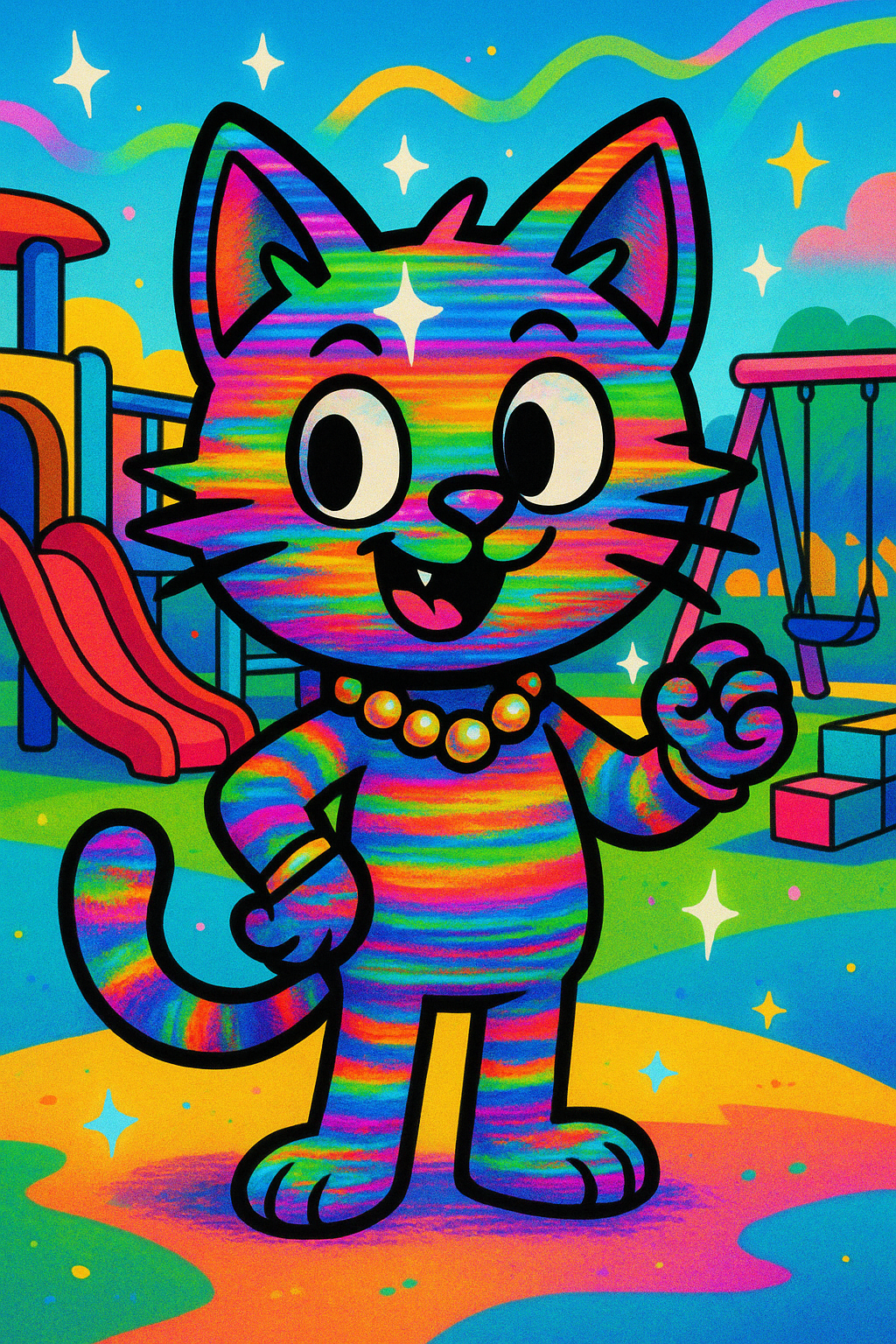 Dandy's World cartoon vibrant toon style, colorful playful shapes, Dandy's World style colorful toon character, cute cartoon aesthetic, bright colors, Sparkles, Character Type: Toon, Dandy's World Style: Glitchy, Species: Cat, Personality: Mischievous, Primary Color: Rainbow, Secondary Color: Neon, Body Style: Short, Special Features: Stripes, Accessories: Jewelry, Expression: Happy, Background: Colorful Playground, full-length portrait, full body shot, whole figure head-to-toe fully visible, leave at least 15% empty margin above head and below feet, subject centered, long shot (not close-up), character height about 35% of image, do not crop, no cut off, no zoom-in, complete anatomy, well-proportioned full figure, standing pose, highly detailed, clean fine linework, smooth soft shading, soft gradients, minimal grain, low noise, anti-aliased edges, balanced contrast, high quality illustration, proper studio lighting