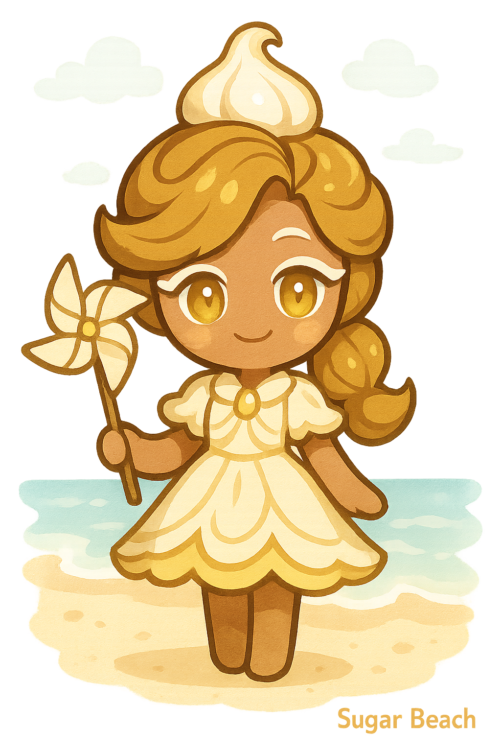 Cookie Run Kingdom style character, cute cookie chibi aesthetics, Butterstotch merunge. Her prop is a pinwheel, white frosting, Cookie Run: Kingdom–inspired chibi art. Golden eyes, Butterscotch meringue cookie, Cookie Type: Epic, Cookie Class: Magic, Cookie Dough: Gingerbread, Frosting Style: Royal Icing, Cookie Size: Regular, Personality Trait: Sweet, Special Ability: Debuff, Cookie Kingdom: White Lily Kingdom, Background Setting: Sugar Beach, white background, full-length portrait, full body shot, whole figure head-to-toe fully visible, leave at least 15% empty margin above head and below feet, subject centered, long shot (not close-up), character height about 35% of image, do not crop, no cut off, no zoom-in, complete anatomy, well-proportioned full figure, standing pose, highly detailed, clean fine linework, smooth soft shading, soft gradients, minimal grain, low noise, anti-aliased edges, balanced contrast, high quality illustration, proper studio lighting