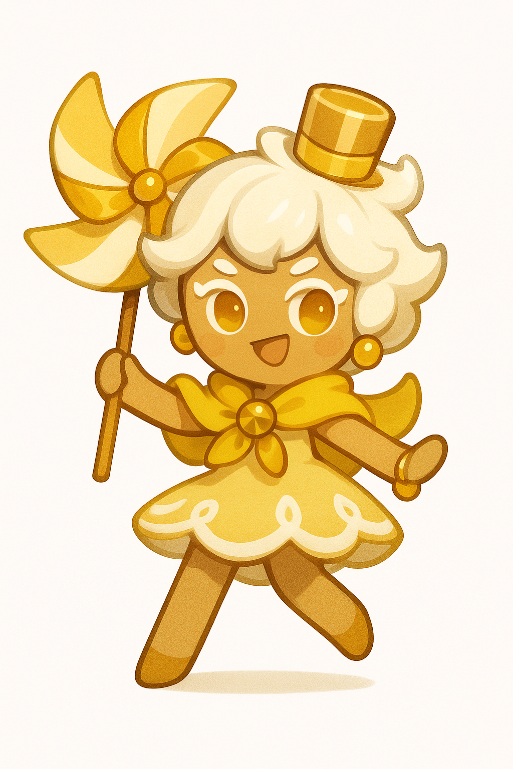 Cookie Run Kingdom style character, cute cookie chibi aesthetics, Cookie Run: Kingdom–inspired OC,  Butterstoch cilender camdies. White short, merunge hair. Her prop is a giant pinwheel that she uses for flight. Dynamic pose cute chibi.Yellow shawl, playfulbuttecsyoch accesories, Butterscotch meringue cookie, Cookie Type: Epic, Cookie Class: Ranged, Kingdom Role: Story, Cookie Dough: Shortbread, Frosting Style: Royal Icing, Decoration Theme: Candy, Cookie Size: Regular, Personality Trait: Energetic, Special Ability: Stun, Cookie Kingdom: White Lily Kingdom, Background Setting: Candy Forest, white background, full-length portrait, full body shot, whole figure head-to-toe fully visible, leave at least 15% empty margin above head and below feet, subject centered, long shot (not close-up), character height about 35% of image, do not crop, no cut off, no zoom-in, complete anatomy, well-proportioned full figure, standing pose, highly detailed, clean fine linework, smooth soft shading, soft gradients, minimal grain, low noise, anti-aliased edges, balanced contrast, high quality illustration, proper studio lighting