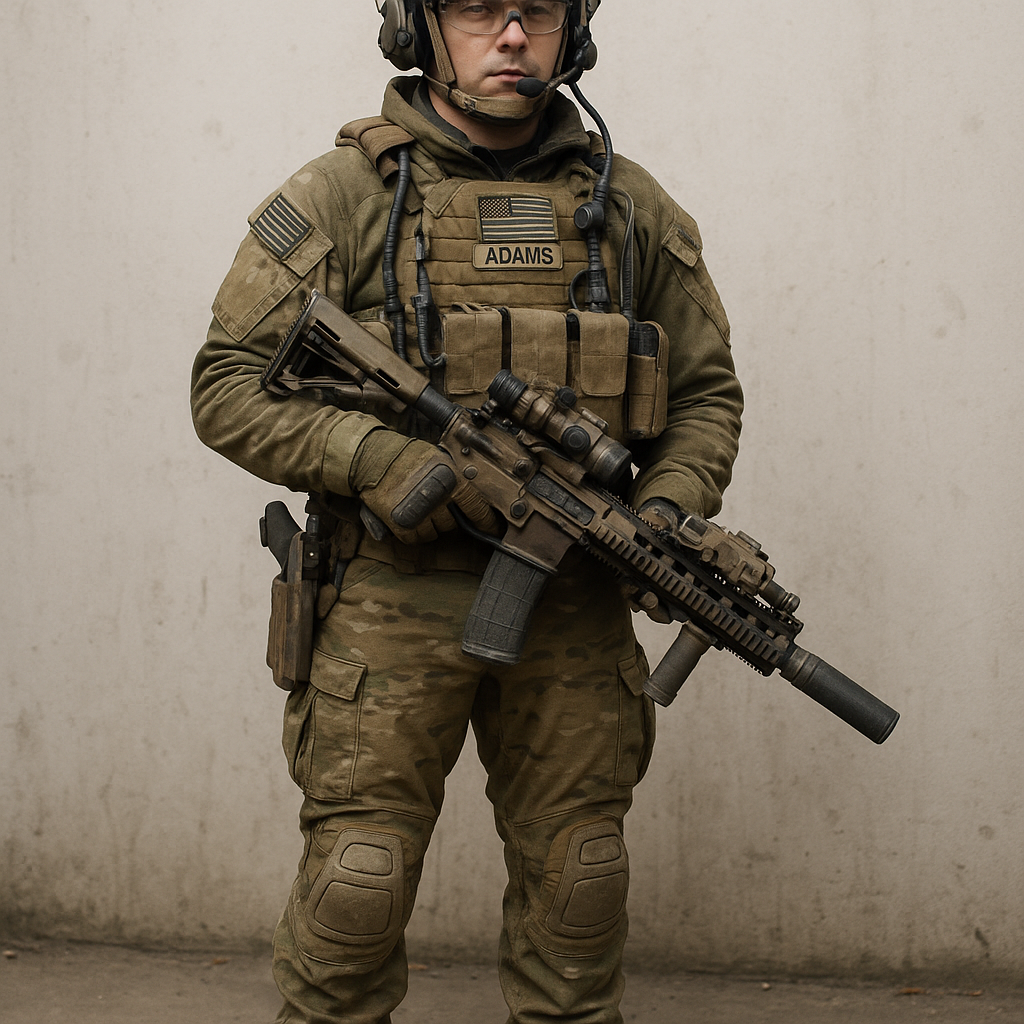 “FPE style original operator ‘[Name]’, role: [Assaulter/Recon/Marksman/Medic/Engineer/Support], theater: [Urban/Desert/Jungle/Arctic/Maritime], nationality/background: [specify]. Apparel layering: base [compression top/BDU], mid [softshell/fleece], outer [plate carrier/chest rig/field jacket], pants [combat pants with knee pads], boots [tactical/insulated], gloves [mechanic/shooting], helmet [FAST/MICH/bump] with [NVG shroud], comms headset, eye protection. Armor/Loadout: [SAPI plates], [IFAK], [tourniquet], [hydration tube], [radio PTT], [chemlights]. Weapon: [platform + caliber], with [optic], [irons offset], [laser/IR illuminator], [white light], [sling type], [muzzle device], [foregrip/hand stop], [mag type], [suppressor (if any)]. Markings: [name tape/flag/patch/blood type], camo: [Multicam/M81/AOR1/Desert digital/Urban gray], wear: scuffs, dust, salt stains, fabric pilling, carbon soot. Pose/Camera: full body, head-to-toe visible, entire figure fully contained, centered compositi
