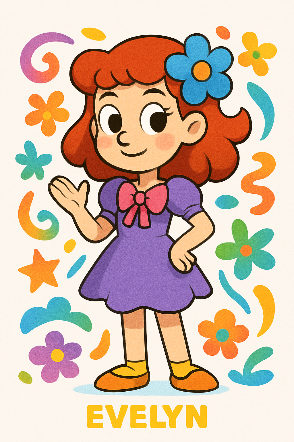 Dandy's World cartoon vibrant toon style, colorful playful shapes, Evelyn, Evelyn, white background, full-length portrait, full body shot, whole figure head-to-toe fully visible, leave at least 15% empty margin above head and below feet, subject centered, long shot (not close-up), character height about 35% of image, do not crop, no cut off, no zoom-in, complete anatomy, well-proportioned full figure, standing pose, highly detailed, clean fine linework, smooth soft shading, soft gradients, minimal grain, low noise, anti-aliased edges, balanced contrast, high quality illustration, proper studio lighting