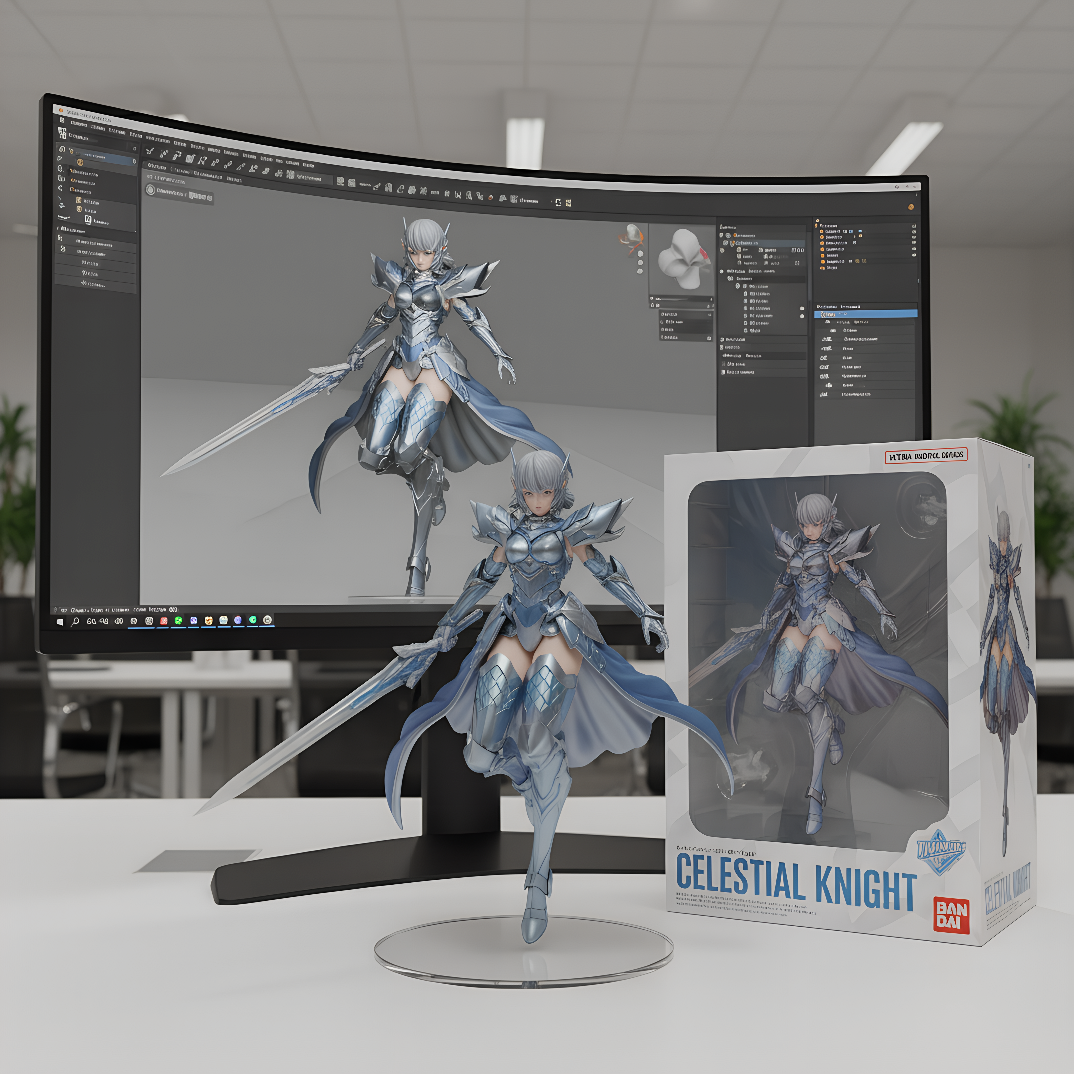 Prompt: The modern indoor workspace is equipped with computer desks. The main focus is an extremely detailed and lifelike 1/7 scale PVC figurine. This figurine sits on a circular, transparent acrylic base with no text on it.On the computer screen in the background, the interface of ZBrush software is visible, showing the modeling process of this precise figurine.
Next to the screen, there is a BANDAl-style toy packaging box, which features a flat 2D illustration of the same character.
