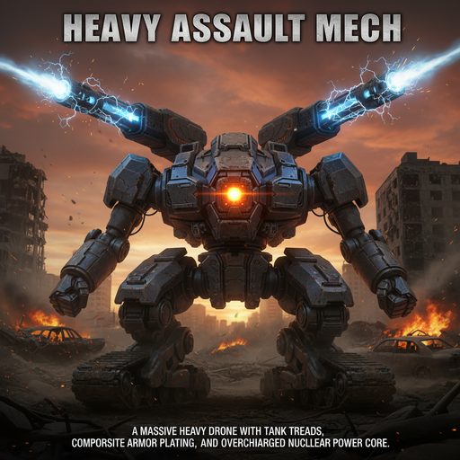 Title Heavy Assault Mech text A massive heavy drone with tank treads dual plasma cannons composite armor plating and overcharged nuclear power core image 2 50 | https://oc-maker.com/