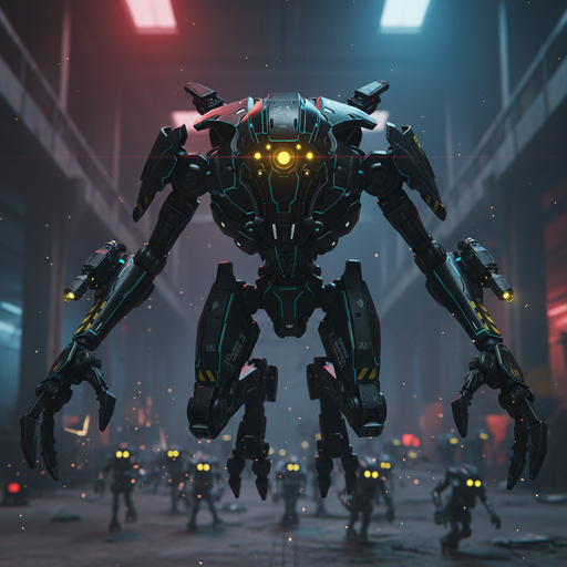 Title Sentinel Guardian text A heavily armored sentinel drone with energy shields missile launcher systems and protective AI protocols for facility defense image 1 50 | https://oc-maker.com/