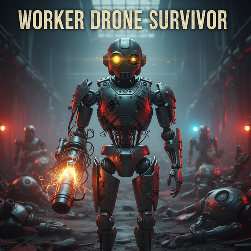 Title Worker Drone Survivor text A battle scarred worker drone with makeshift armor plating jury rigged weapon systems and damaged but functional optical display image 1 50 | https://oc-maker.com/